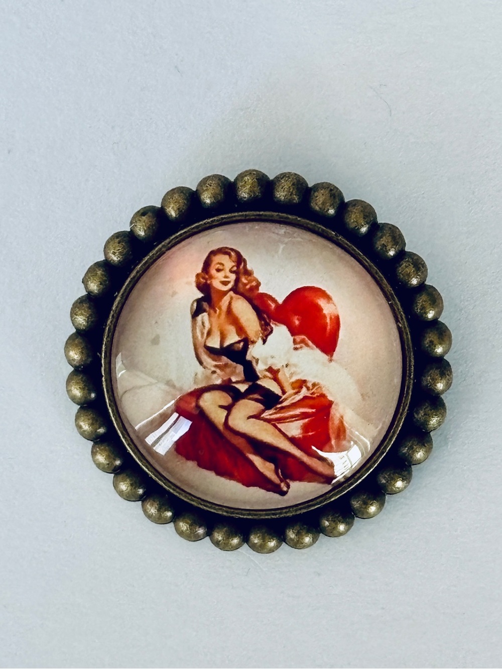 Retro Pin-Up Lady Dome Brooch, NWT